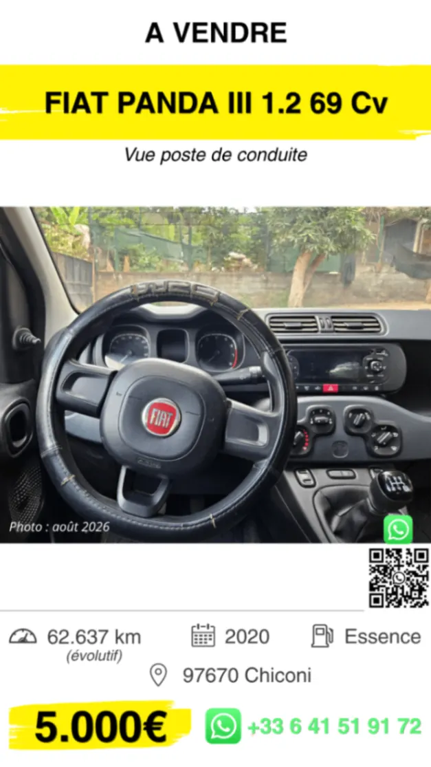 Photo 3/3 — Photo de l'annonce : Fiat Panda III 1.2 69 ch – 2020 — Chiconi (Véhicules)