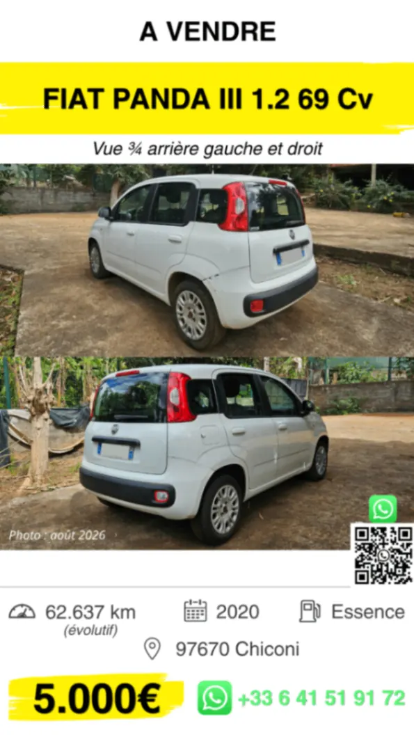 Photo 2/3 — Photo de l'annonce : Fiat Panda III 1.2 69 ch – 2020 — Chiconi (Véhicules)